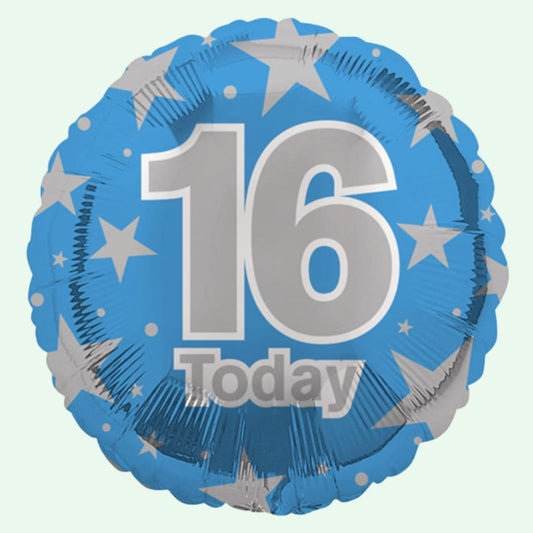 16 Today Blue & Silver Stars Foil Balloon 18" Round (28) image 0