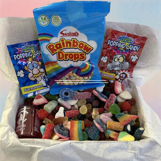 Mix box 1 x Souracha Sauce, 800g Mixed Sweets Popping Candy Rainbow Drops. image 0