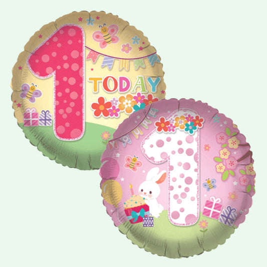 Flower Party Age 1 Foil Balloon 18" Round (1 Balloon Double Sided Print) (21) image 0