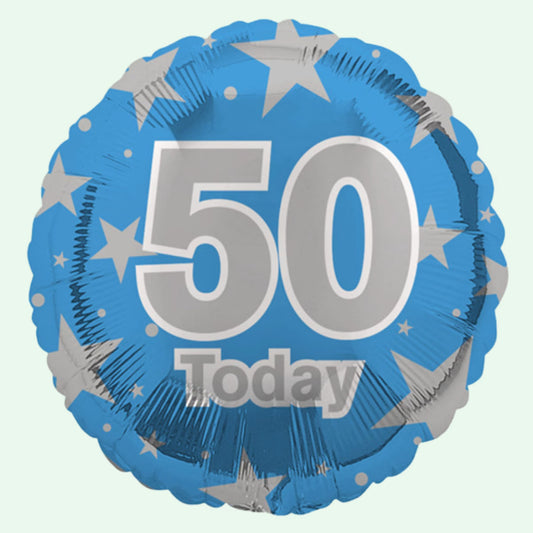 50 Today Blue & Silver Stars Foil Balloon 18" Round (38) image 0