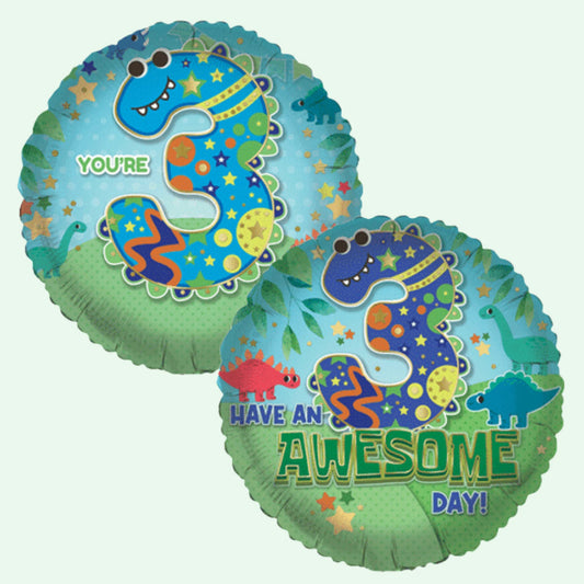 Awesome Dinos Age 3 Foil Balloon 18" Round (1 Balloon Double sided Print) (24) image 0