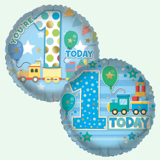 Toy Trains Age 1 Foil Balloon 18" Round (1 Balloon Double Sided Print) (20) image 0