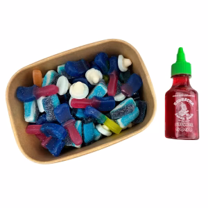 Candy Salad Full of Blue Sweets With Super Sour Sauce